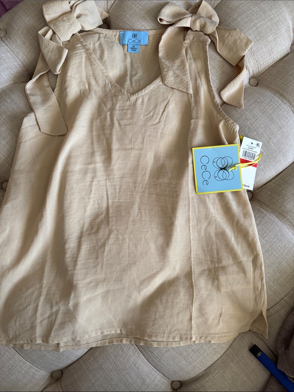 CeCe Beige Tie-Shoulder V-Neck Tank